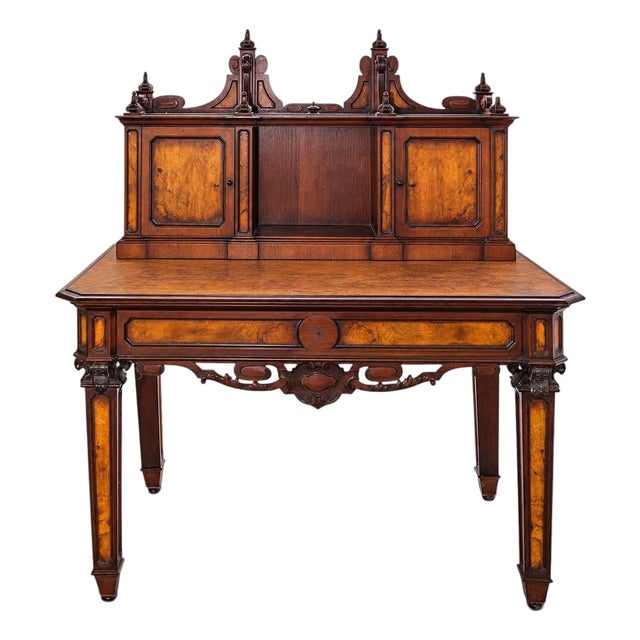 Antique French Burr Walnut & Mahogany Carved Wood Writing Desk For Sale