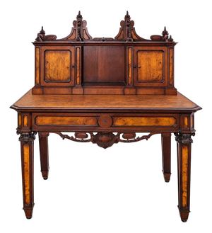 Antique French Burr Walnut & Mahogany Carved Wood Writing Desk