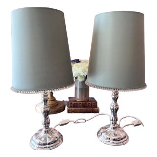 Pair of vintage silverplate candlestick lamps with original silk shades with bead trim // Euro fitter lamp shades // elegant pair of lamps For Sale