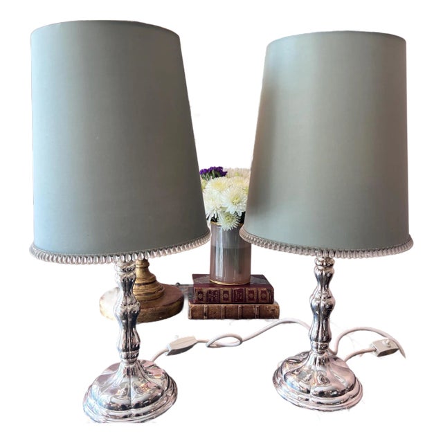 Pair of vintage silverplate candlestick lamps with original silk shades with bead trim // Euro fitter lamp shades // elegant pair of lamps For Sale