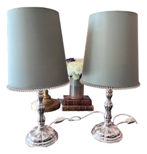Pair of vintage silverplate candlestick lamps with original silk shades with bead trim // Euro fitter lamp shades // elegant pair of lamps