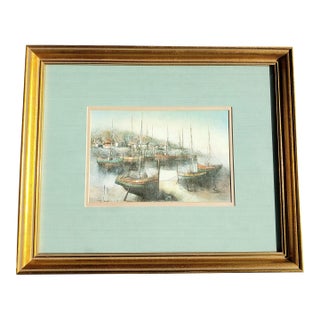 Vintage 1977 Alferio Maugeri Coastal Harbor Print - Original Uttermost Gold Frame For Sale
