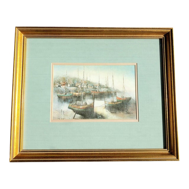 Vintage 1977 Alferio Maugeri Coastal Harbor Print - Original Uttermost Gold Frame For Sale