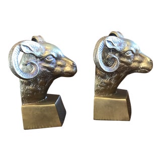 Hollywood Regency Brass Ram Head Bookends - a Pair For Sale