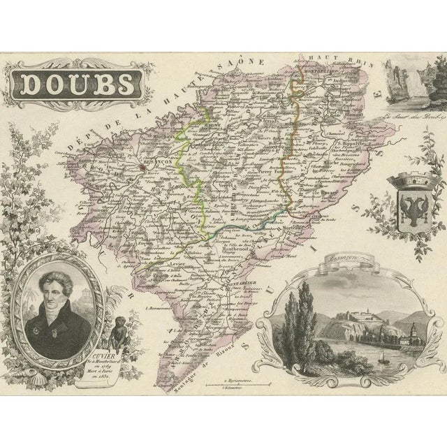 Map of Doubs France with Besançon and Swiss Border Landscape, 1800s For Sale - Image 6 of 10