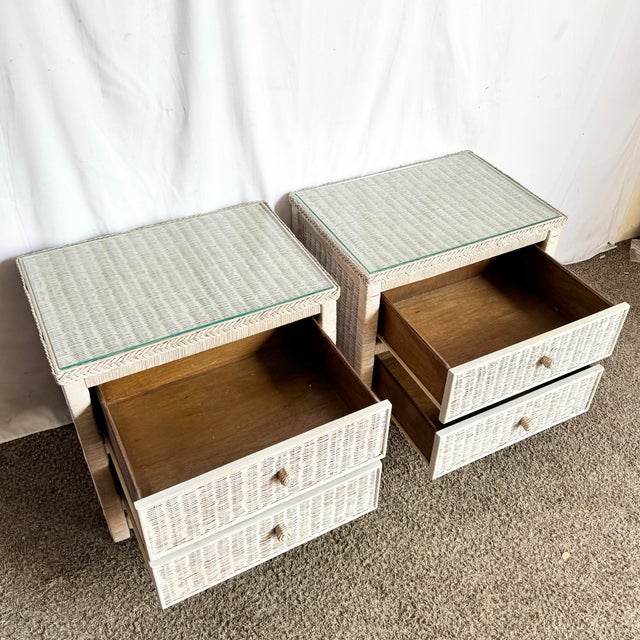 Boho Chic Vintage Boho Chic White Washed Wicker Glass Top Nighstands - A Pair For Sale - Image 3 of 10