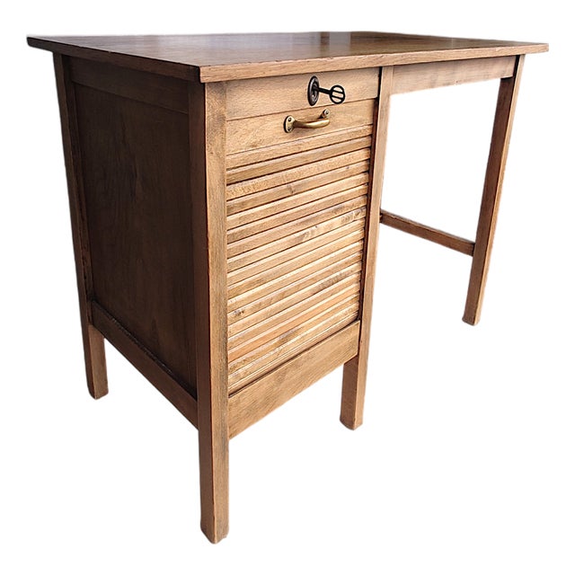 Vintage Oak Rolltop Writing Desk with Tambour Door, Germany, 1950s For Sale