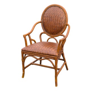 Vintage Rattan and Woven Leather Oval Back Accent Chair For Sale