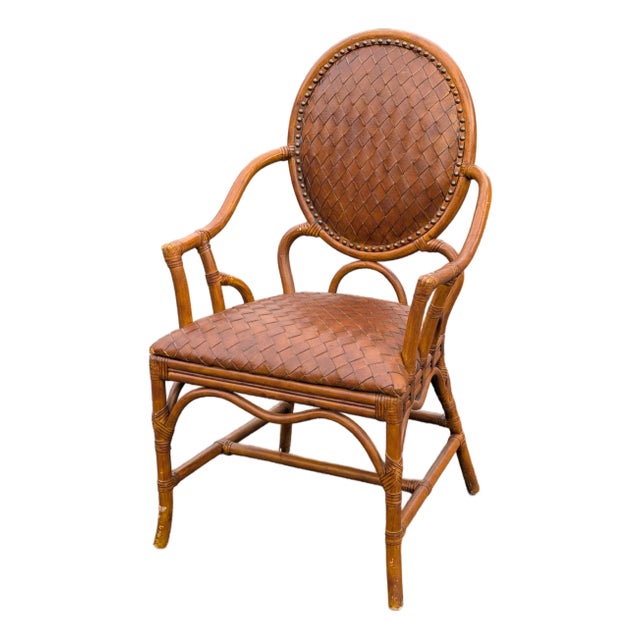 Vintage Rattan and Woven Leather Oval Back Accent Chair For Sale
