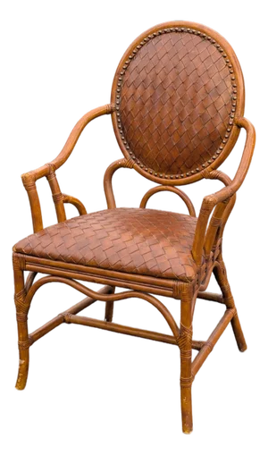 Vintage Rattan and Woven Leather Oval Back Accent Chair