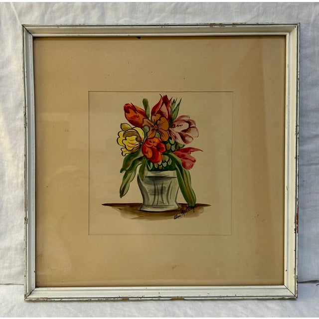 The Gouache paint provides the rich matte color of this charming still life of potted pink and yellow flowers. SPRING...