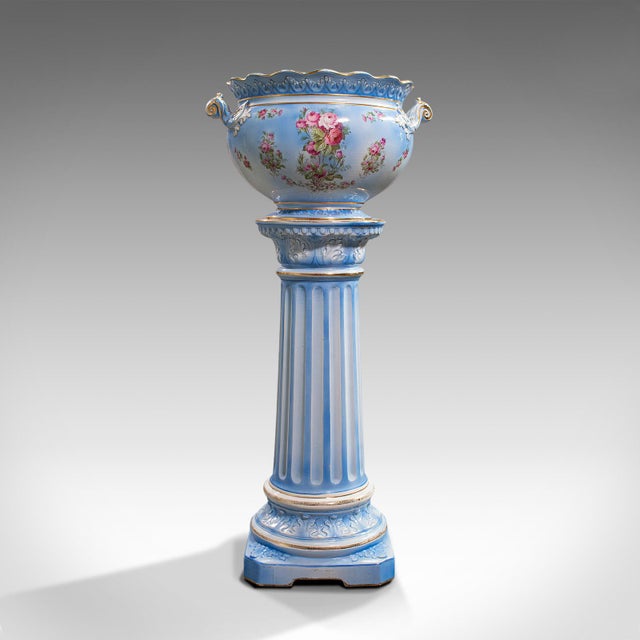 Blue Antique Jardiniere Ceramic Planter Stand For Sale - Image 8 of 12