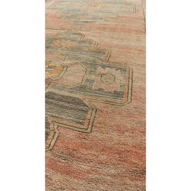 Mid 20th Century Pink Turkish Oushak Runner With Medallion Design With Gray and Lt Green 3'0'' X 11'4'' For Sale - Image 5 of 6