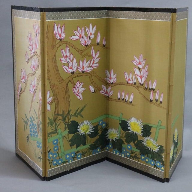A Chinese Floral Decorated and Ebonized Table Screen 20thC Measures - 35.25''H x 69.5''W x .75''D; panels each 35.25''H x...