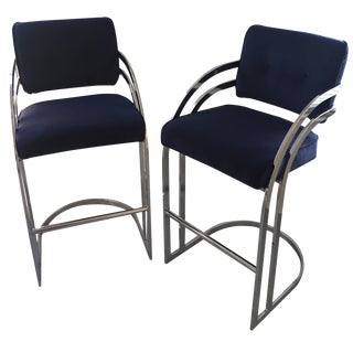 Milo Baughman Chrome Bar Stools in Navy Velvet -- A Pair For Sale