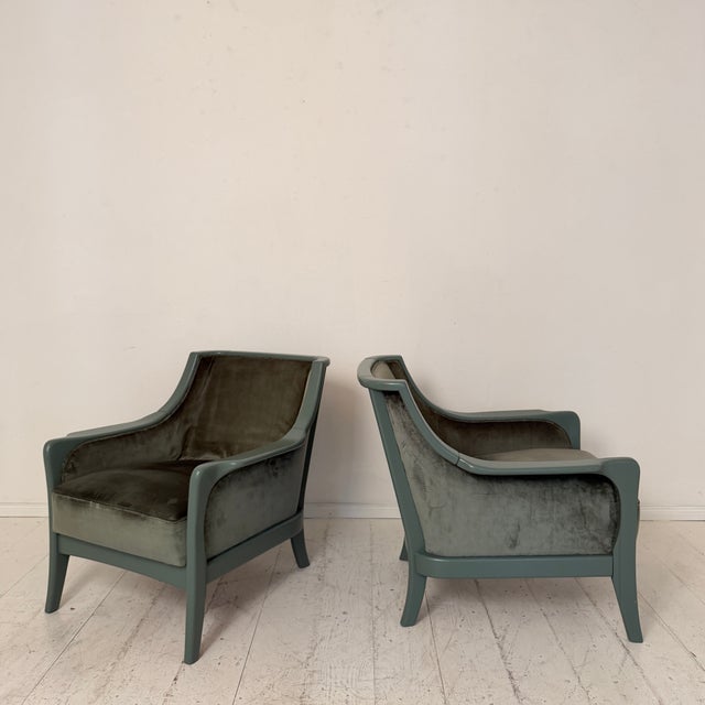 Green Mid-Century Modern French Lounge Chairs in Green Velvet and Lacquered Wood, 1950, Set of 2 For Sale - Image 8 of 17