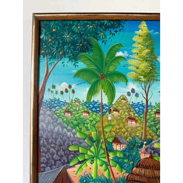 Vintage Michelet Haitian Folk Art Tropical Village Scene Landscape Oil Painting – Framed For Sale - Image 4 of 16