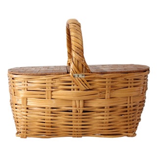 Vintage Wicker Picnic Basket For Sale