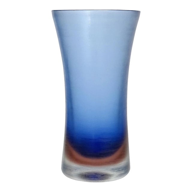 Murano Venini Signed Sommerso Blue Inciso Carved Technique Vintage Italian Art Glass Flower Vase For Sale