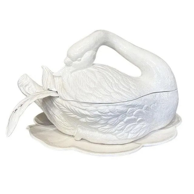 Cream Large 1970s Ceramic Cream Covered Swan Tureen With Feather Ladle and Serving Plate For Sale - Image 8 of 9