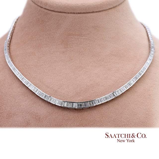 Metal 18k 750 Solid White Gold Natural Diamond Buguatte Tennis Necklace For Sale - Image 7 of 11