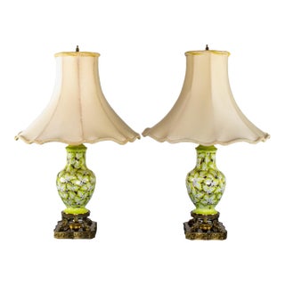 Mid-20th Century Italian Pair of Pierced Majolica Lamps Urn Shaped W/Filigree Bases by Cantagalli Pottery For Sale