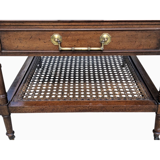 Mid 20th Century Mid 20th Century Faux Bamboo Caned Wooden End Table With Brass Castor Wheels For Sale - Image 5 of 12