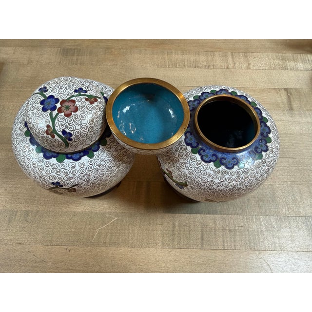 White Chinese Cloisonné Ginger Jars, Pair For Sale - Image 8 of 12