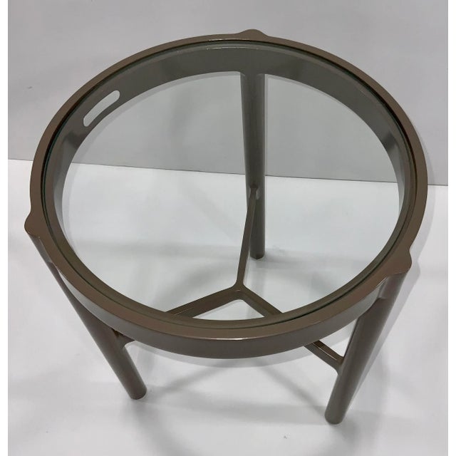 Stylish Thomas Pheasant for Baker/Mcguire Taupe Spot Outdoor Side Table, glass top, powder coated aluminum, showroom floor...