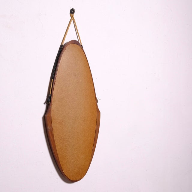 Vintage Oval Teak Mirror with Rope and Leather Details, 1950s For Sale - Image 5 of 13