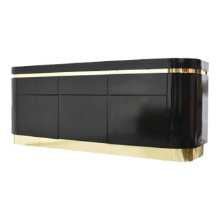 1980s Hollywood Regency Gloss Black Lacquer and Brass Sideboard For Sale