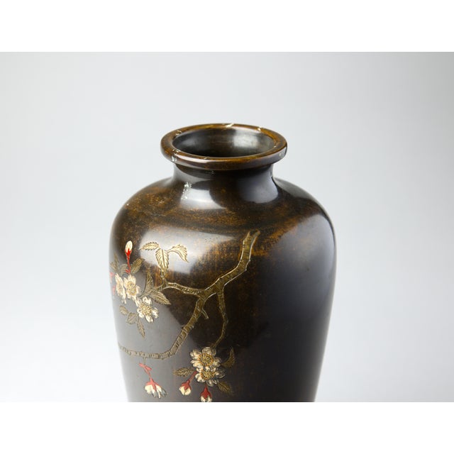 19th Century Japanese Meiji Bronze Vase, Mixed-Metal Inlay, Mandarin Ducks and Prunus, Signed, With Stand For Sale In Portland, OR - Image 6 of 12