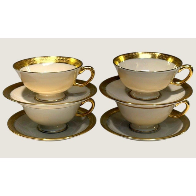Vintage Lenox Lowell P-67 Gold Stamp Gold Encrusted Cup and Saucer-Set of 4 Usa For Sale - Image 4 of 11