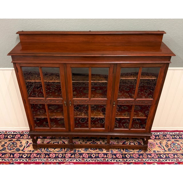 Antique English Jacobean Bookcase Bookshelf Cabinet Wavy 3 Door Glass Mahogany For Sale - Image 13 of 14