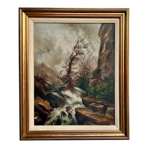 Vintage Original Mountain Waterfall Painting on Canvas, Framed