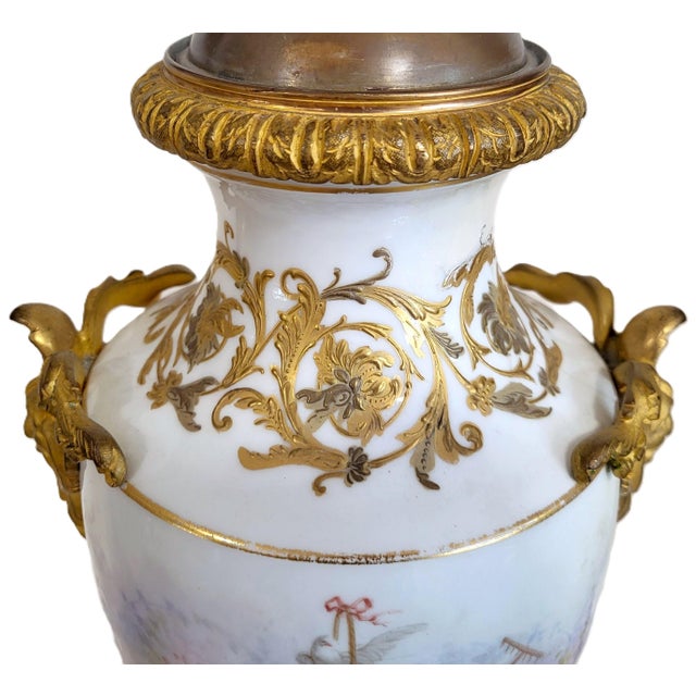 Antique White & Gilt Bronze Sevres Porcelain Urn Vase Lamp Angels For Sale - Image 15 of 18