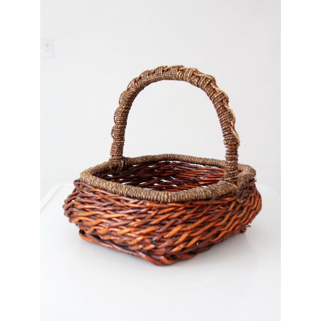 Vintage Woven Willow Basket With Wrapped Arched Handle For Sale - Image 4 of 14