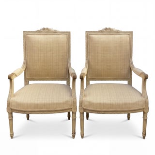 Antique French Carved Fruitwood Louis XVI Style Bergere in Neutral Linen - Pair For Sale