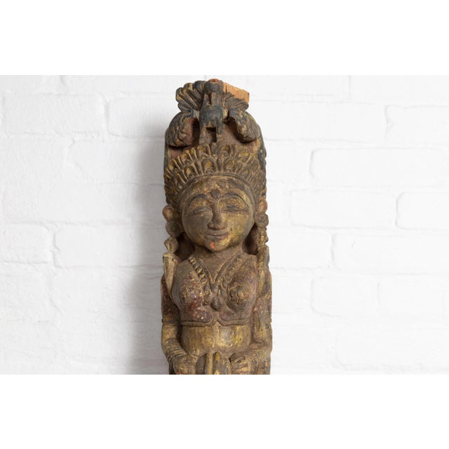 Yellow Indian Antique Polychrome Hand Carved Statue Depicting a Celestial Musician For Sale - Image 8 of 13