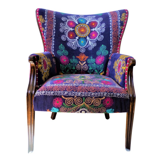 The Bohemian Chair, Suzani Embroidery, Bergere Style, Blue Velvet