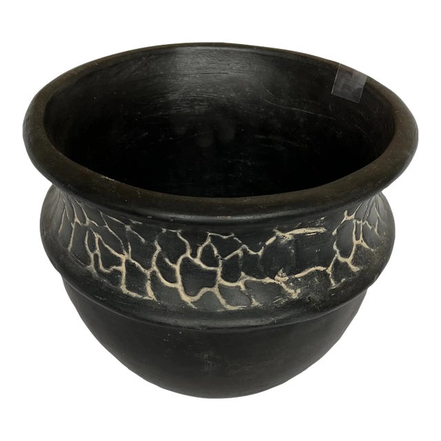 1990s Hand-Painted Black Clay Pot/Vase Featuring Cracked Design For Sale