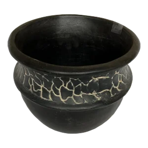 1990s Hand-Painted Black Clay Pot/Vase Featuring Cracked Design