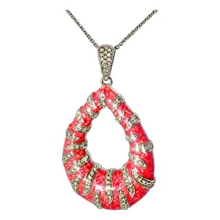 Late 20th Century Sterling Silver Pink Enamel Diamond Pendant Necklace Estate For Sale