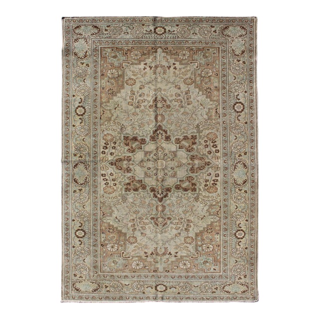 Fine Medallion Antique Tabriz Rug in Blue, Brown, Cream Tones 4′10″ × 7′4″ For Sale