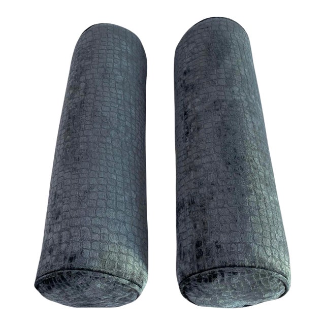 Early 21st Century Charcoal Grey Alligator Scale Bolster Pillows- a Pair For Sale