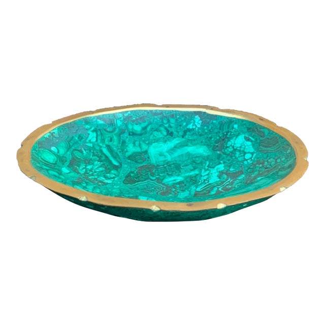Vintage Malachite Brass Rimmed Bowl For Sale