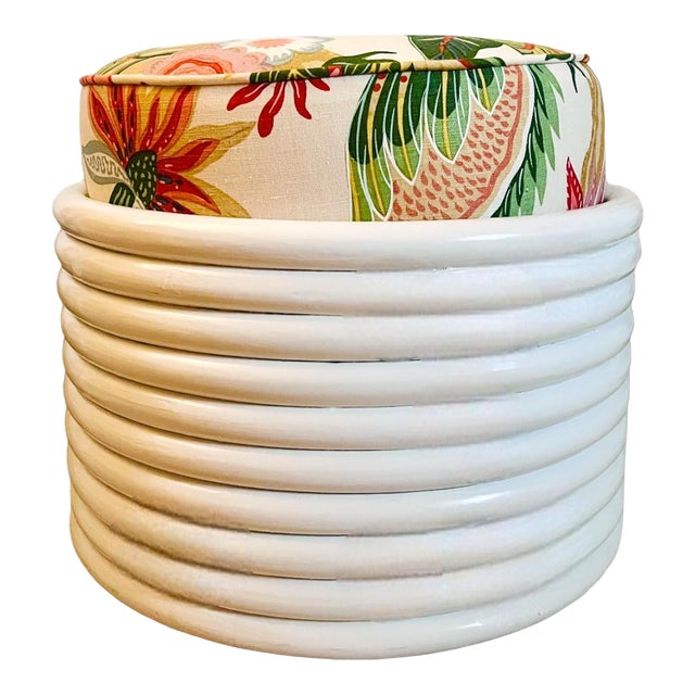 Late 20th Century Vintage Round Rattan Ottoman For Sale