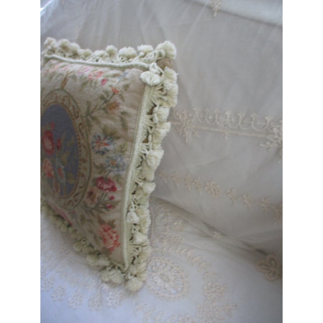 French Vintage French Blue and Pink Floral Petit Point & Needlepoint Accent Pillow For Sale - Image 3 of 8