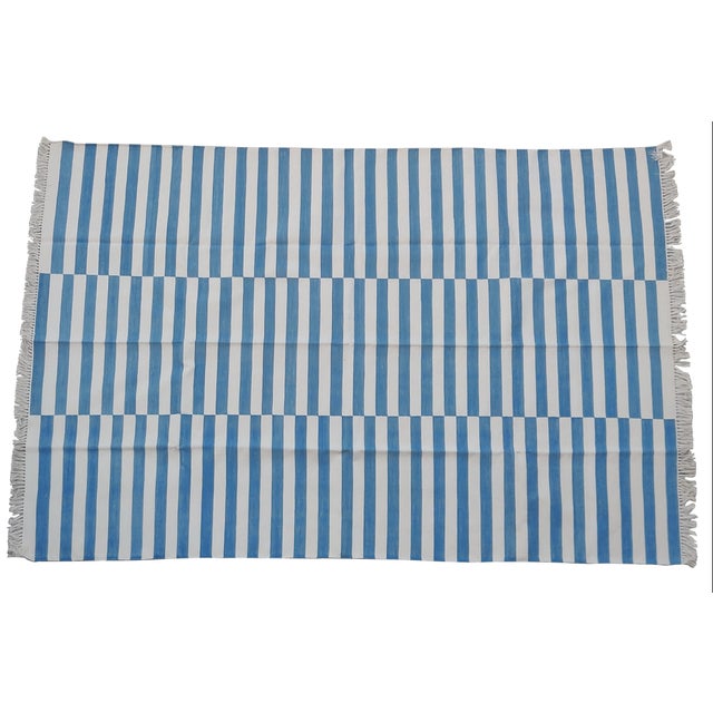 Casa Cosima Handmade Cotton Striped Rug, Washed Blue and White Dhurrie - 14'x16' For Sale - Image 4 of 6