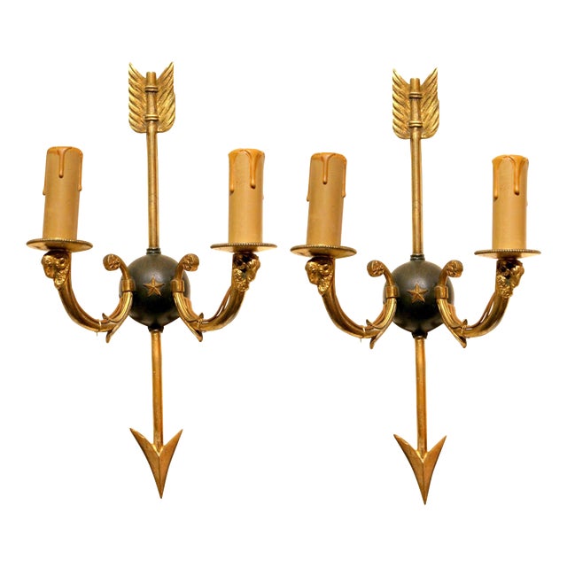 Mid-Century Modern Wall Sconces Arrow and Rams Head Design in the style of Maison Bagues, 1950s, Set of 2 For Sale